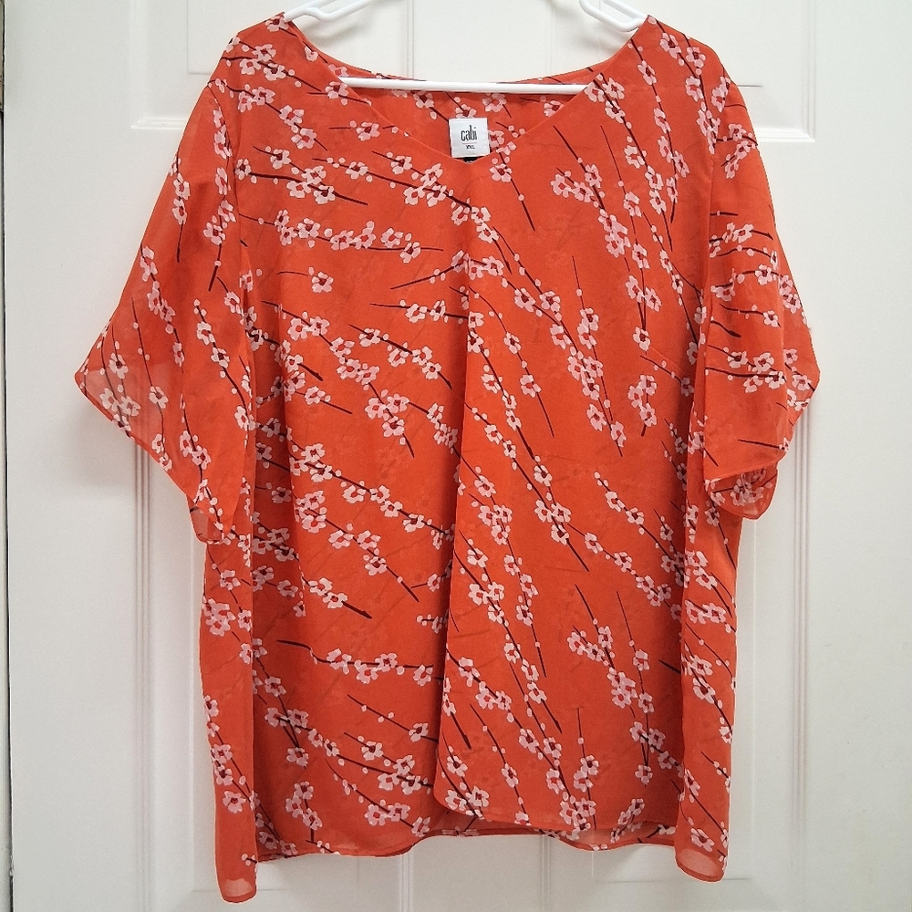 CAbi Cherry Blossom Top Sheer Split Sleeves Floral Boho Cottagecore Orange XXL